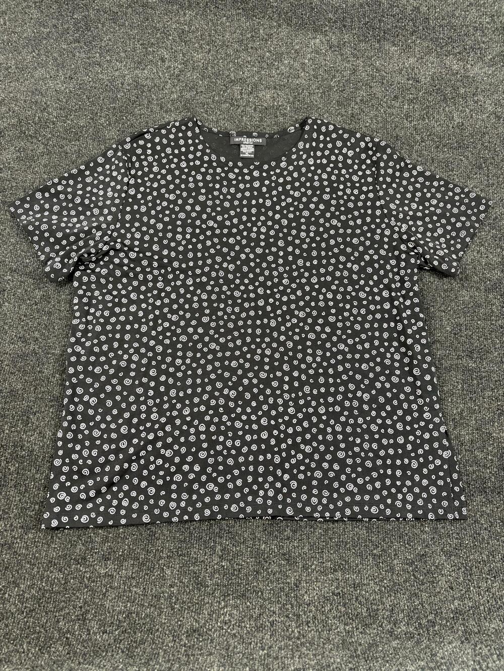 Impressions Lifestyle Shirt Womens XL Black Swirl Print Short Sleeve Stretch Top